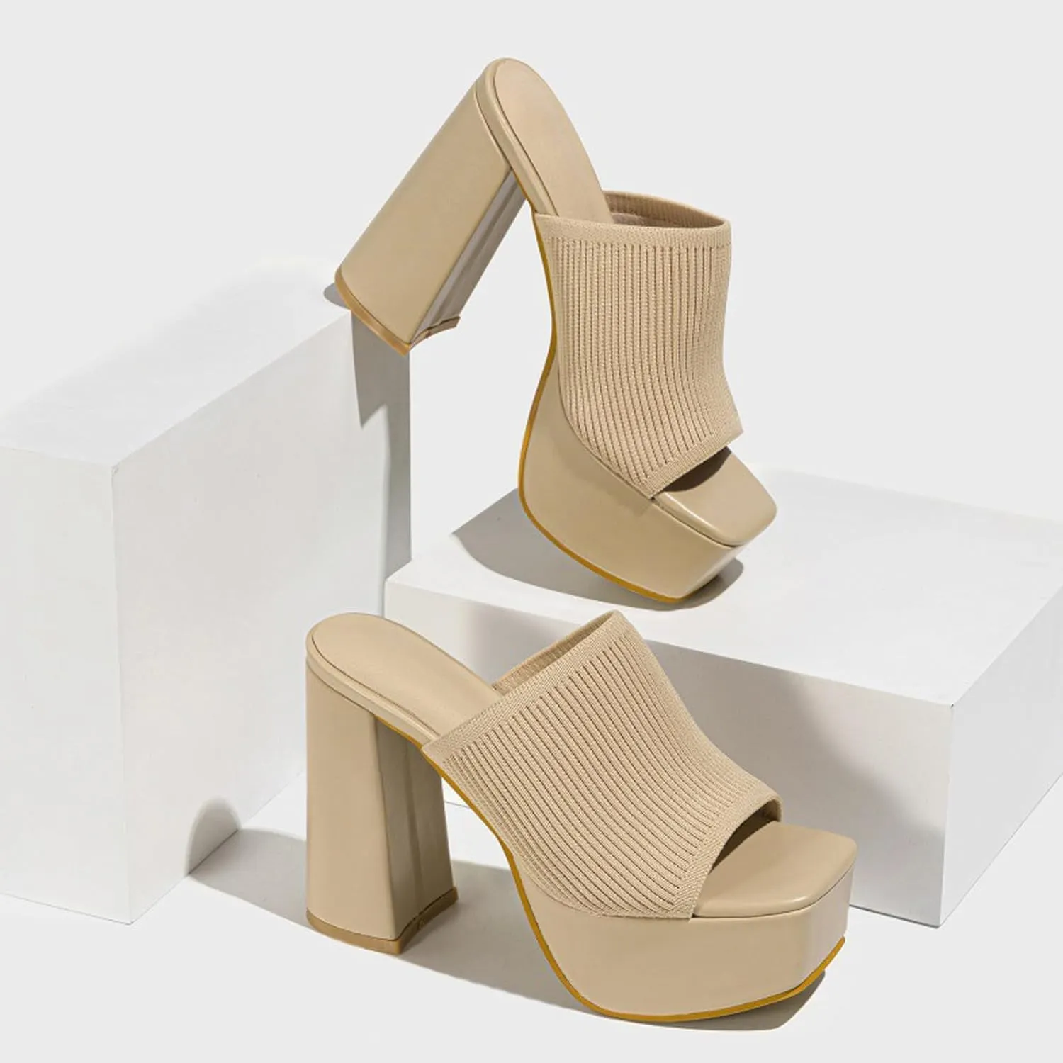 Women's Knitted Suede Platform Chunky Heel Casual Sandals Comfortable Fashion Summer Sexy Open Toe Increase Height Slip On Beach Block Heel Slippers for Outdoor Indoor Party