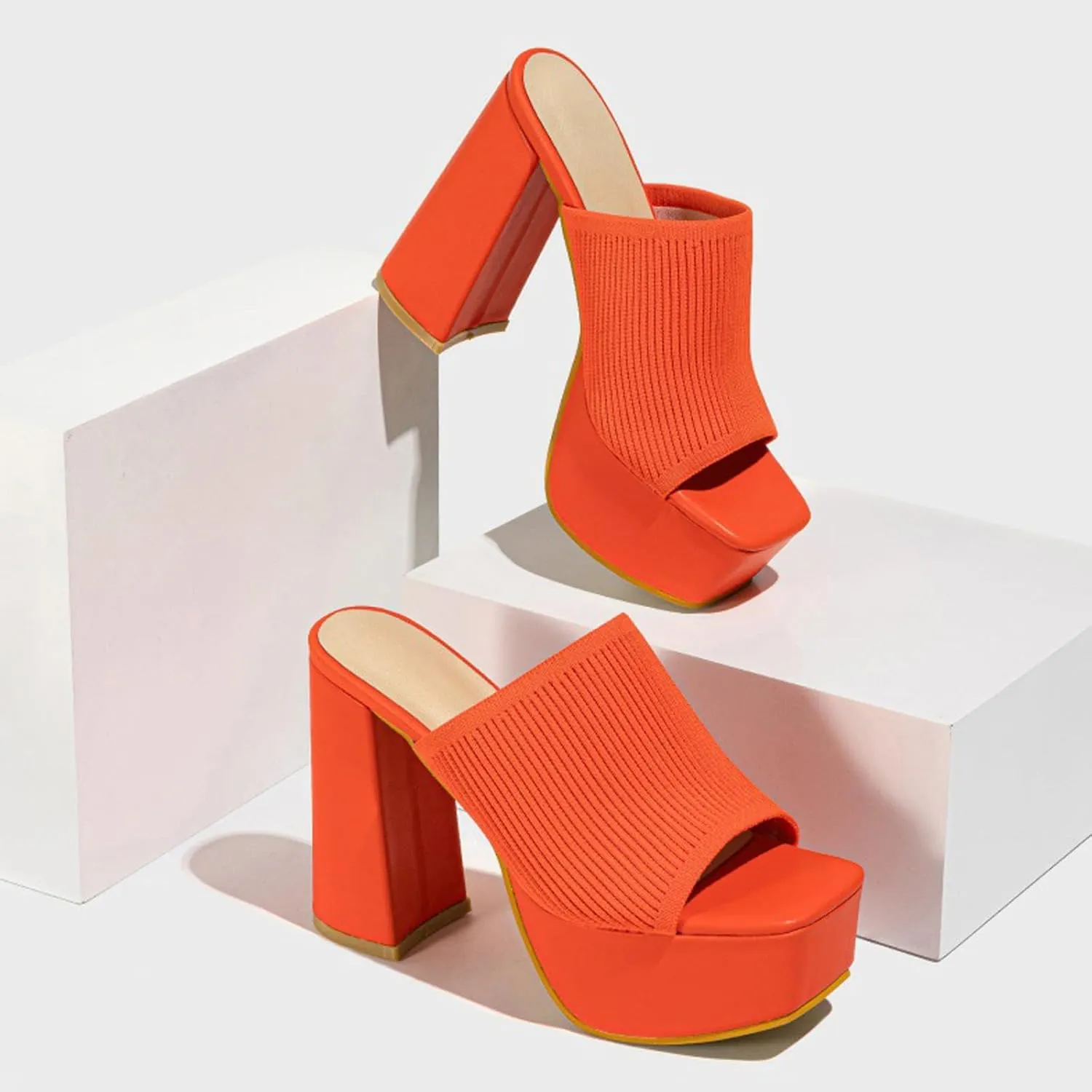 Women's Knitted Suede Platform Chunky Heel Casual Sandals Comfortable Fashion Summer Sexy Open Toe Increase Height Slip On Beach Block Heel Slippers for Outdoor Indoor Party