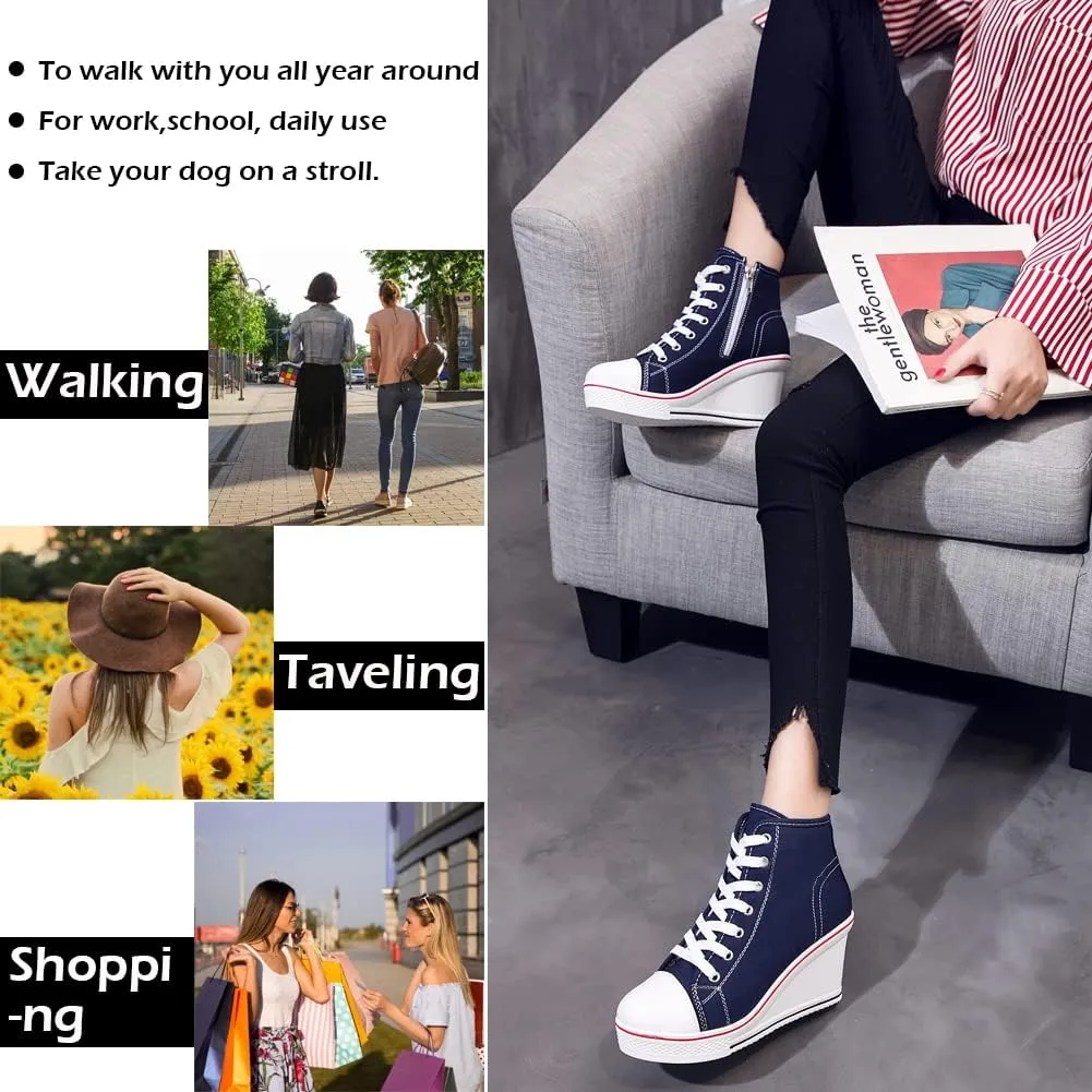 Womens Lace Up Heel Sneakers, Platform Wedge Sneakers Ankle Booties with Zipper Casual Canvas Fashion Sneaker for Girls