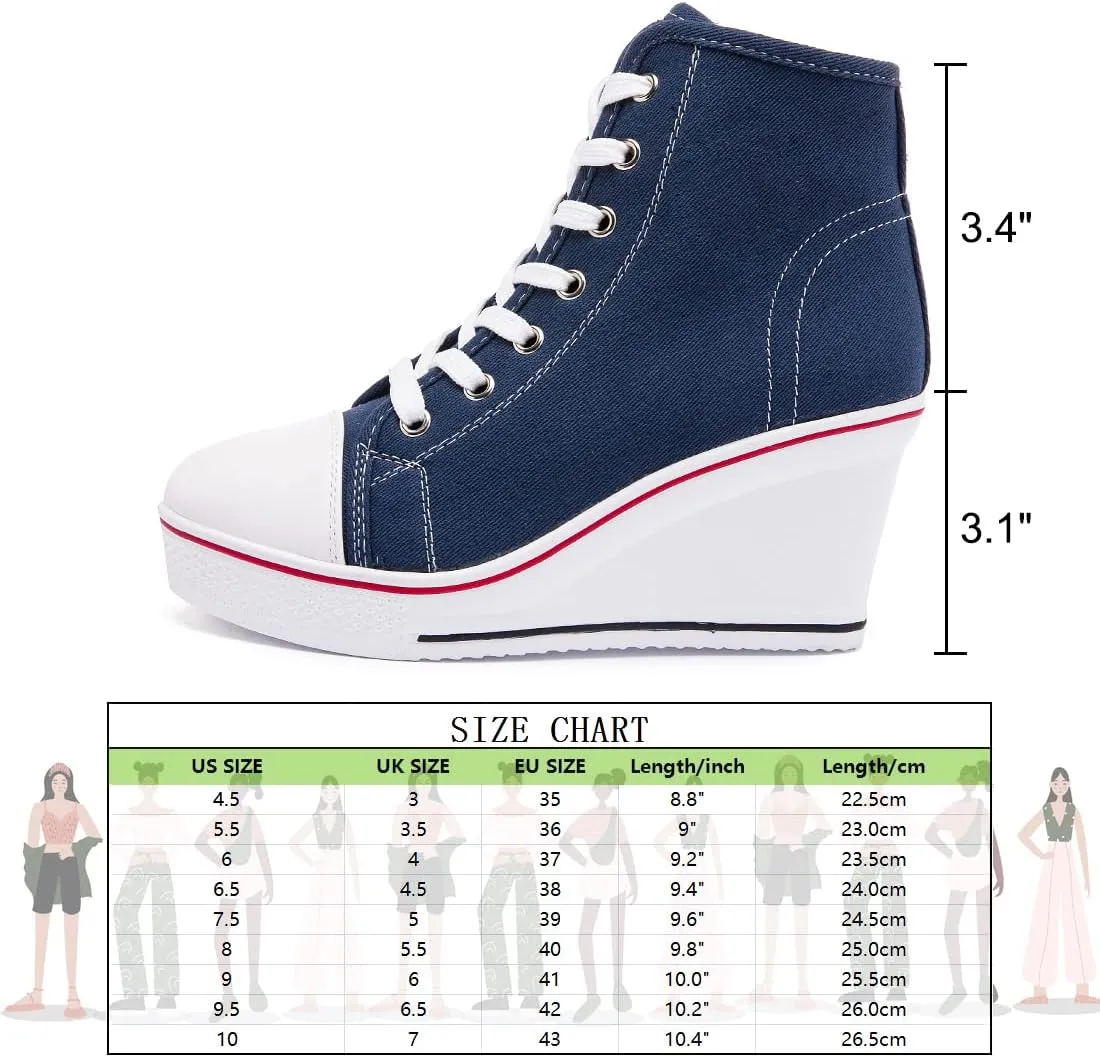Womens Lace Up Heel Sneakers, Platform Wedge Sneakers Ankle Booties with Zipper Casual Canvas Fashion Sneaker for Girls