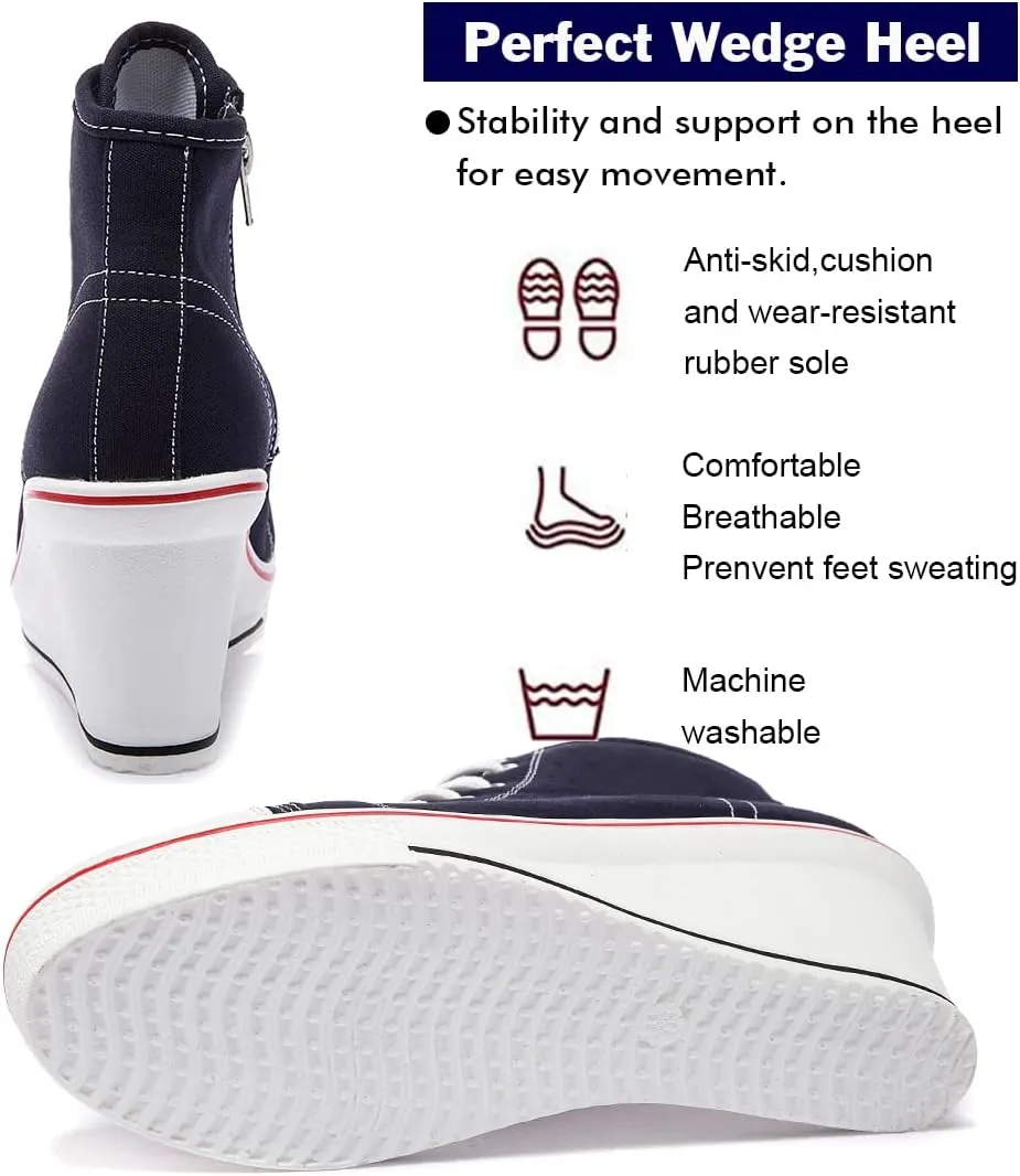 Womens Lace Up Heel Sneakers, Platform Wedge Sneakers Ankle Booties with Zipper Casual Canvas Fashion Sneaker for Girls
