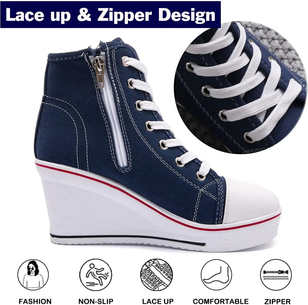 Womens Lace Up Heel Sneakers, Platform Wedge Sneakers Ankle Booties with Zipper Casual Canvas Fashion Sneaker for Girls