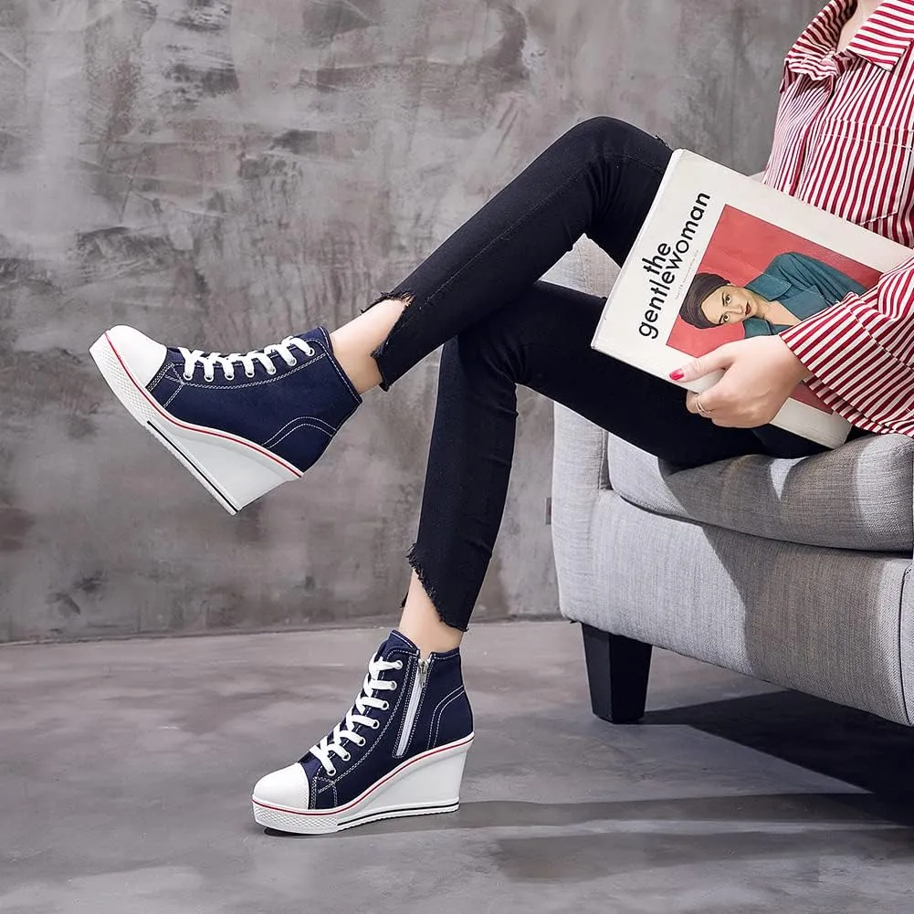 Womens Lace Up Heel Sneakers, Platform Wedge Sneakers Ankle Booties with Zipper Casual Canvas Fashion Sneaker for Girls