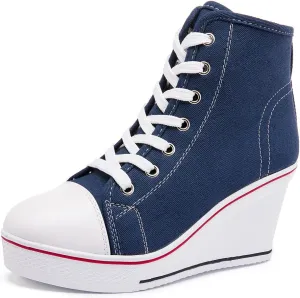 Womens Lace Up Heel Sneakers, Platform Wedge Sneakers Ankle Booties with Zipper Casual Canvas Fashion Sneaker for Girls