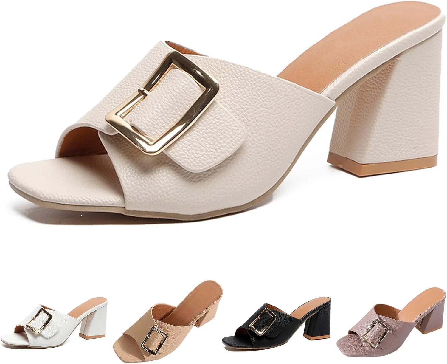 Women's Leather Buckle Decor Fish Mouth Chunky Heeled Sandals Slides Fashion Comfortable Square Open Toe Summer Slip On Dress Block Heel Dress Sandals for Outdoor Wedding Date Party