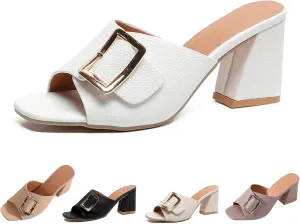 Women's Leather Buckle Decor Fish Mouth Chunky Heeled Sandals Slides Fashion Comfortable Square Open Toe Summer Slip On Dress Block Heel Dress Sandals for Outdoor Wedding Date Party