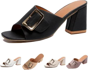 Women's Leather Buckle Decor Fish Mouth Chunky Heeled Sandals Slides Fashion Comfortable Square Open Toe Summer Slip On Dress Block Heel Dress Sandals for Outdoor Wedding Date Party
