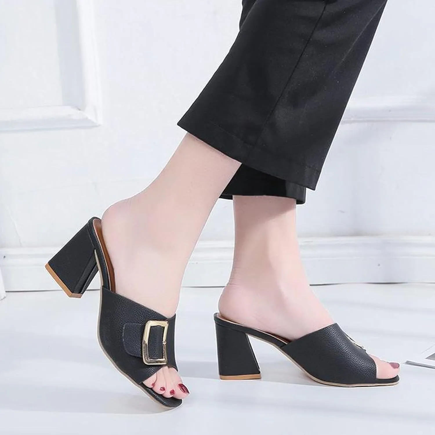 Women's Leather Buckle Decor Fish Mouth Chunky Heeled Sandals Slides Fashion Comfortable Square Open Toe Summer Slip On Dress Block Heel Dress Sandals for Outdoor Wedding Date Party
