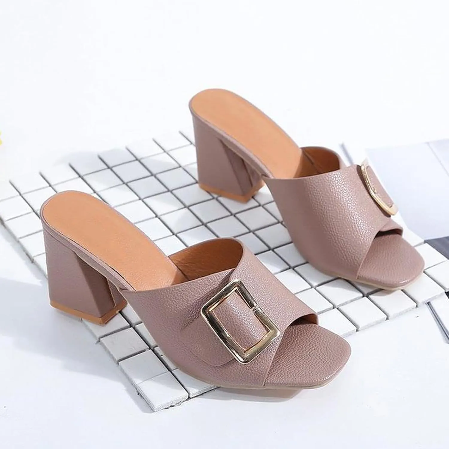 Women's Leather Buckle Decor Fish Mouth Chunky Heeled Sandals Slides Fashion Comfortable Square Open Toe Summer Slip On Dress Block Heel Dress Sandals for Outdoor Wedding Date Party