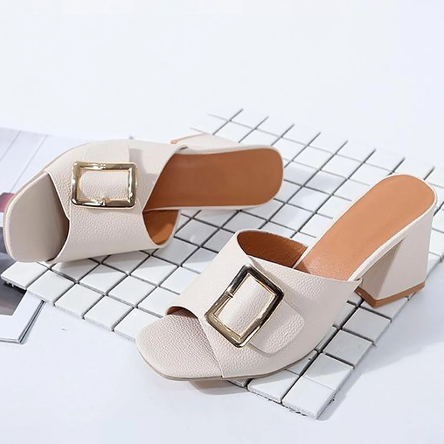Women's Leather Buckle Decor Fish Mouth Chunky Heeled Sandals Slides Fashion Comfortable Square Open Toe Summer Slip On Dress Block Heel Dress Sandals for Outdoor Wedding Date Party