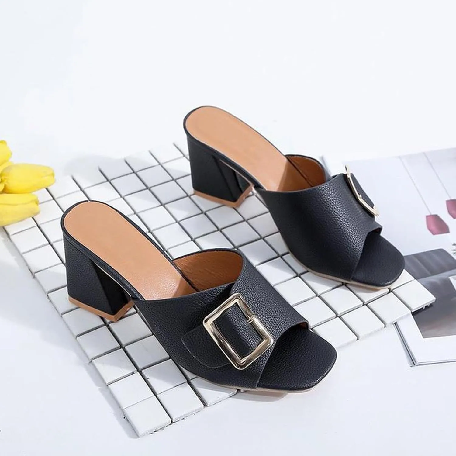 Women's Leather Buckle Decor Fish Mouth Chunky Heeled Sandals Slides Fashion Comfortable Square Open Toe Summer Slip On Dress Block Heel Dress Sandals for Outdoor Wedding Date Party