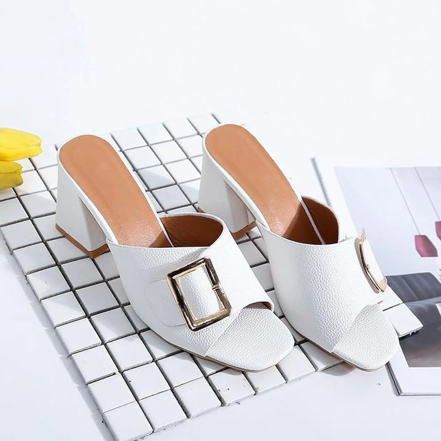 Women's Leather Buckle Decor Fish Mouth Chunky Heeled Sandals Slides Fashion Comfortable Square Open Toe Summer Slip On Dress Block Heel Dress Sandals for Outdoor Wedding Date Party