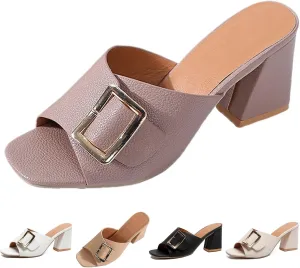 Women's Leather Buckle Decor Fish Mouth Chunky Heeled Sandals Slides Fashion Comfortable Square Open Toe Summer Slip On Dress Block Heel Dress Sandals for Outdoor Wedding Date Party