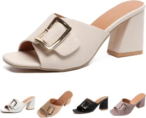 Women's Leather Buckle Decor Fish Mouth Chunky Heeled Sandals Slides Fashion Comfortable Square Open Toe Summer Slip On Dress Block Heel Dress Sandals for Outdoor Wedding Date Party