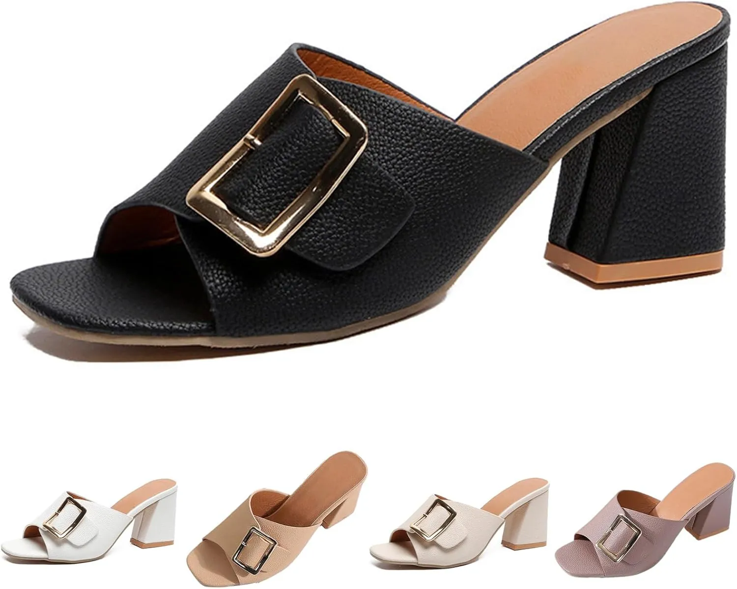 Women's Leather Buckle Decor Fish Mouth Chunky Heeled Sandals Slides Fashion Comfortable Square Open Toe Summer Slip On Dress Block Heel Dress Sandals for Outdoor Wedding Date Party