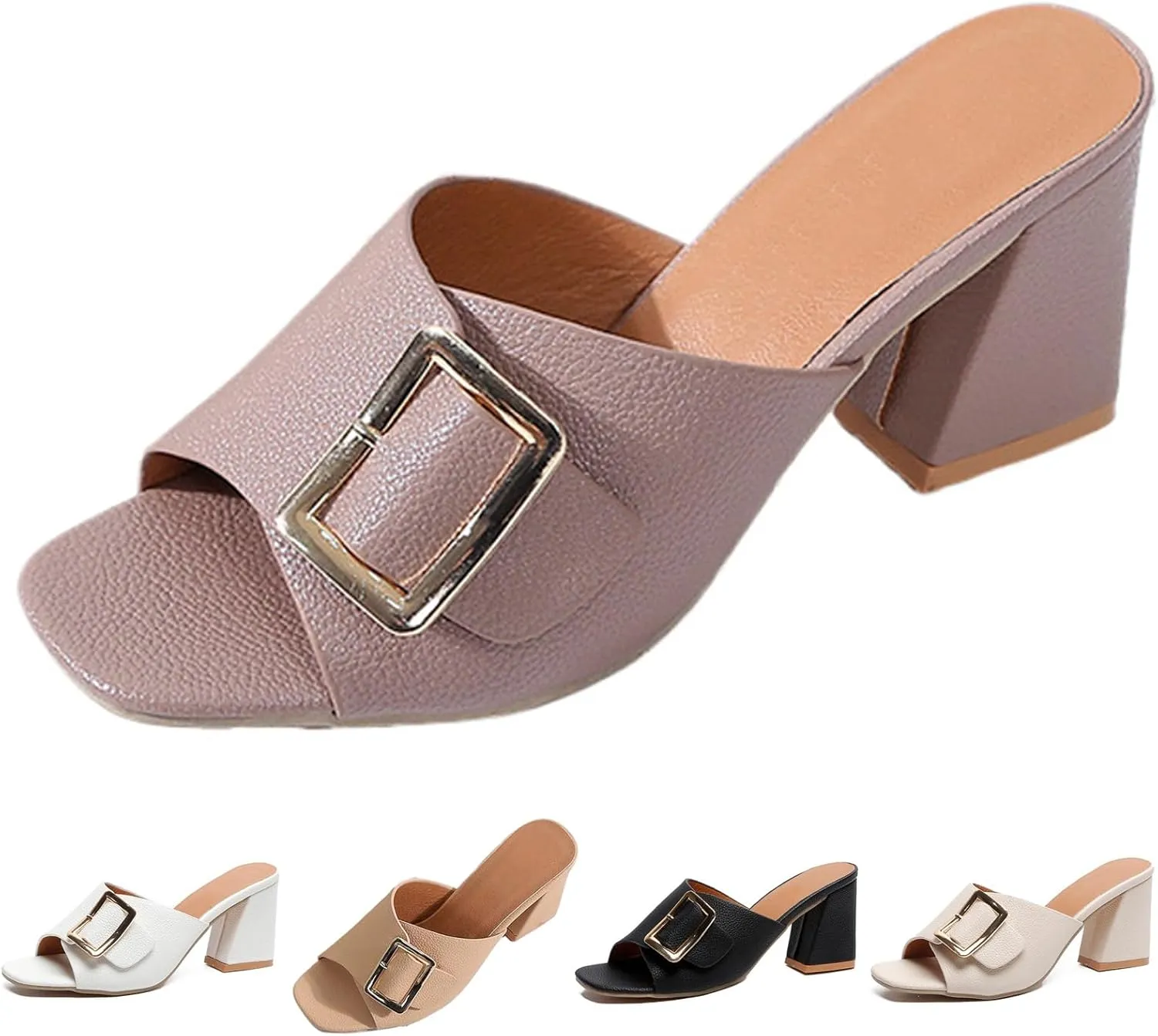 Women's Leather Buckle Decor Fish Mouth Chunky Heeled Sandals Slides Fashion Comfortable Square Open Toe Summer Slip On Dress Block Heel Dress Sandals for Outdoor Wedding Date Party