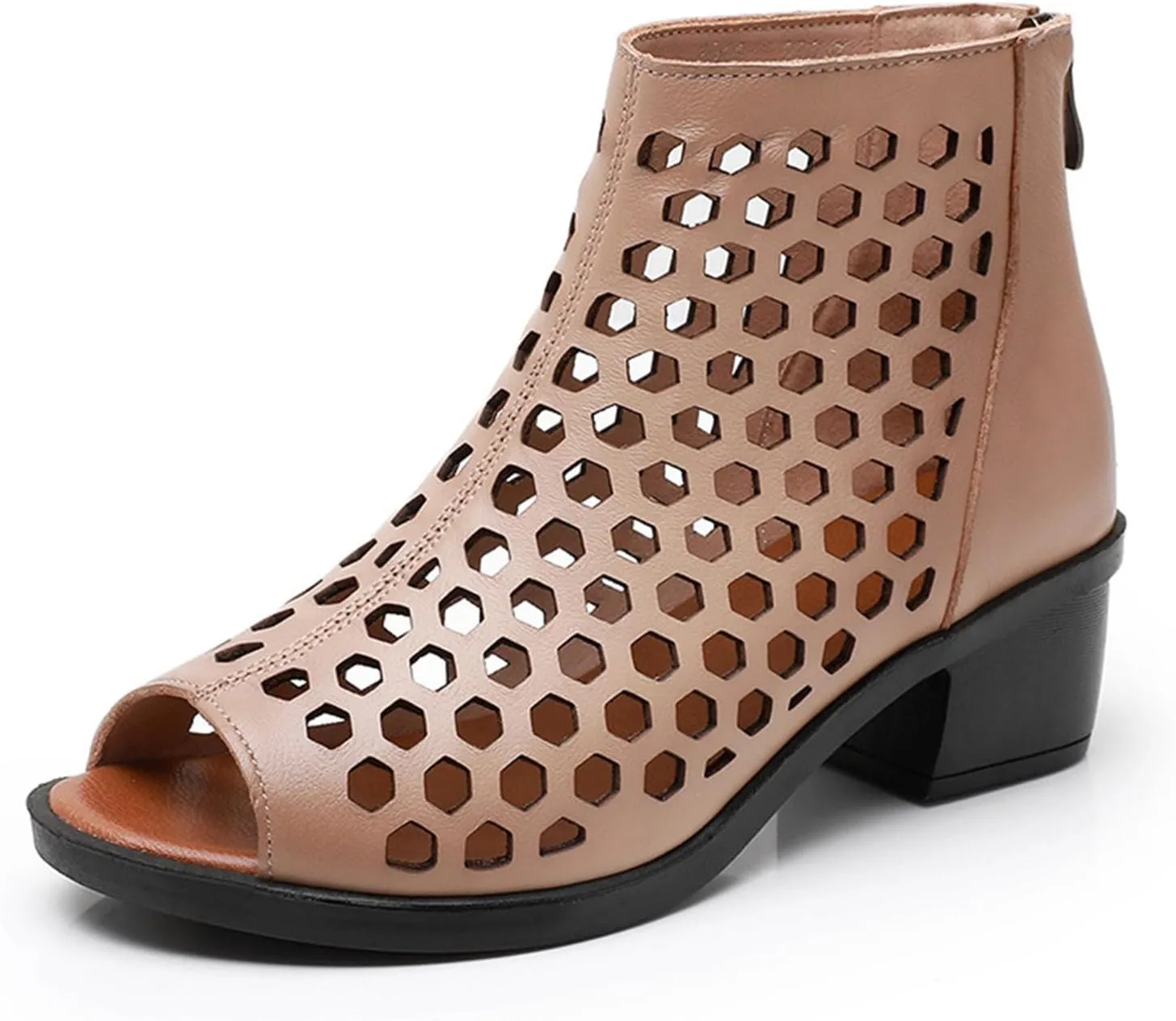 Women's Leather Fish Mouth Chunky Heel High Top Roman Sandals Back zipper Summer Hollow Breathable Comfortable Medium Block Heel Boot Sandals Beach Dress Casual Shoes