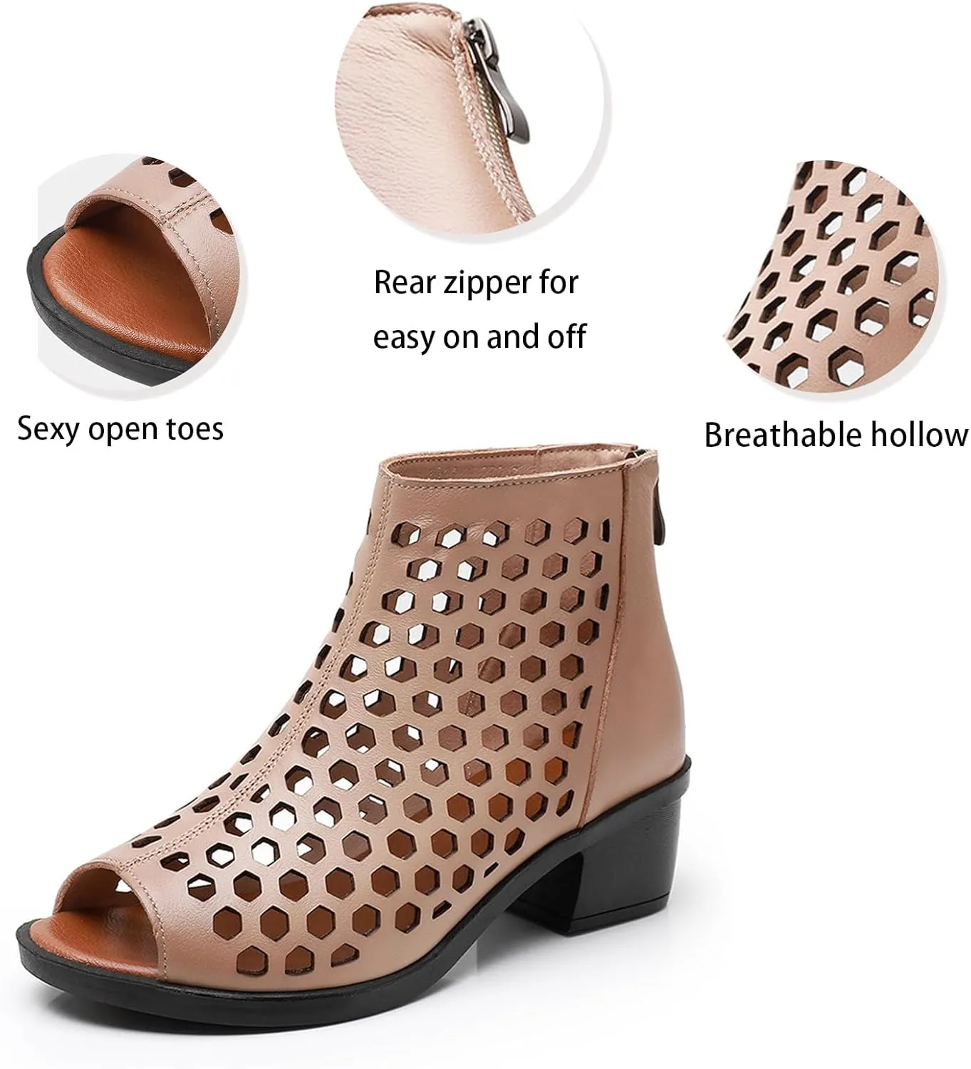 Women's Leather Fish Mouth Chunky Heel High Top Roman Sandals Back zipper Summer Hollow Breathable Comfortable Medium Block Heel Boot Sandals Beach Dress Casual Shoes