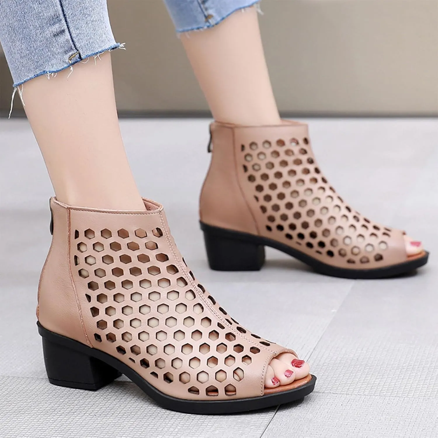 Women's Leather Fish Mouth Chunky Heel High Top Roman Sandals Back zipper Summer Hollow Breathable Comfortable Medium Block Heel Boot Sandals Beach Dress Casual Shoes