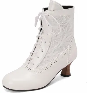 Women's Leather Lace up Victorian Kitten Heel Ankle Boots Comfortable Round Toe Embroidered Breathable Non Slip Vintage Booties for Party Prom Evening Witch Boots