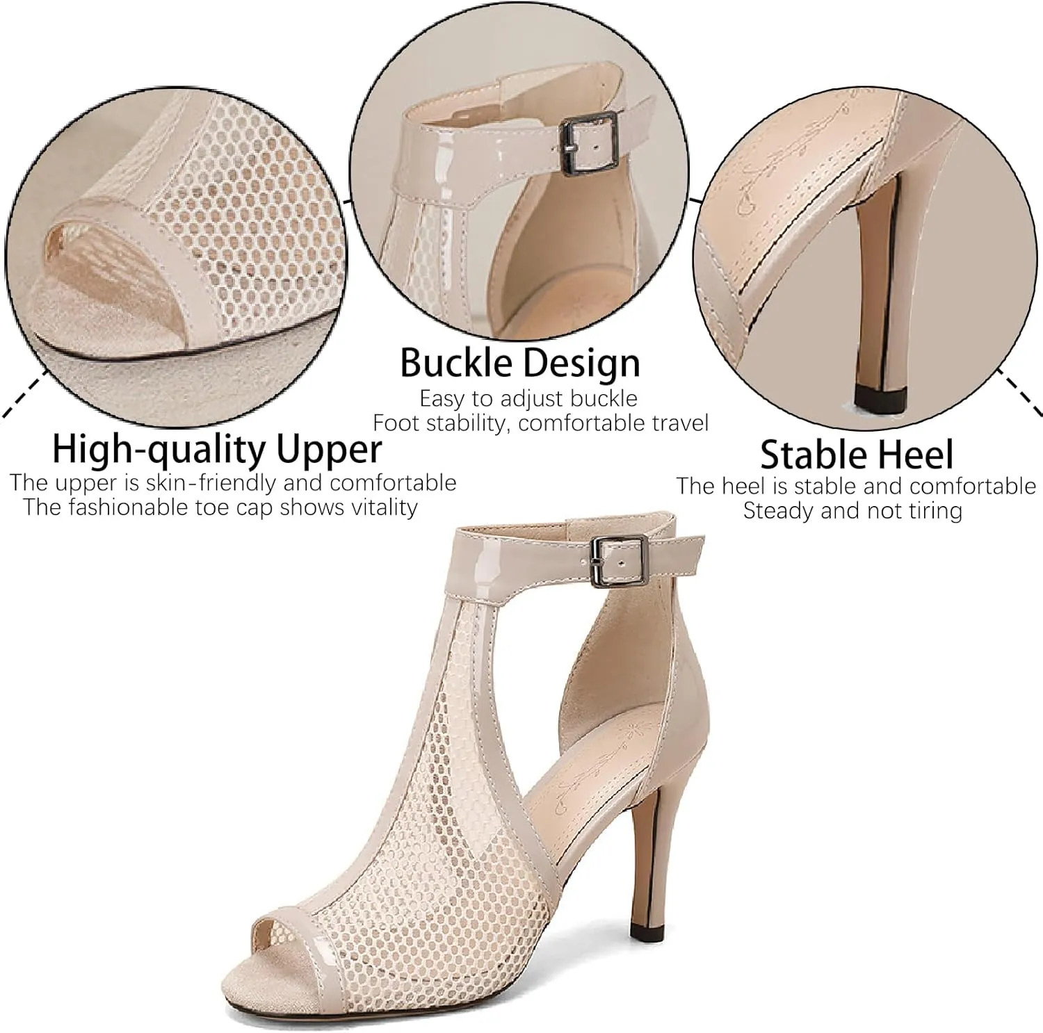 Women's Leather Mesh Peep Toe Stiletto Heels Sandals with Adjust Ankle Strap Sexy Breathable Side Cutout Open Toe High Heels Summer Booties Sandals for Prom Party Dress Shoes