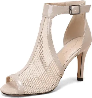 Women's Leather Mesh Peep Toe Stiletto Heels Sandals with Adjust Ankle Strap Sexy Breathable Side Cutout Open Toe High Heels Summer Booties Sandals for Prom Party Dress Shoes