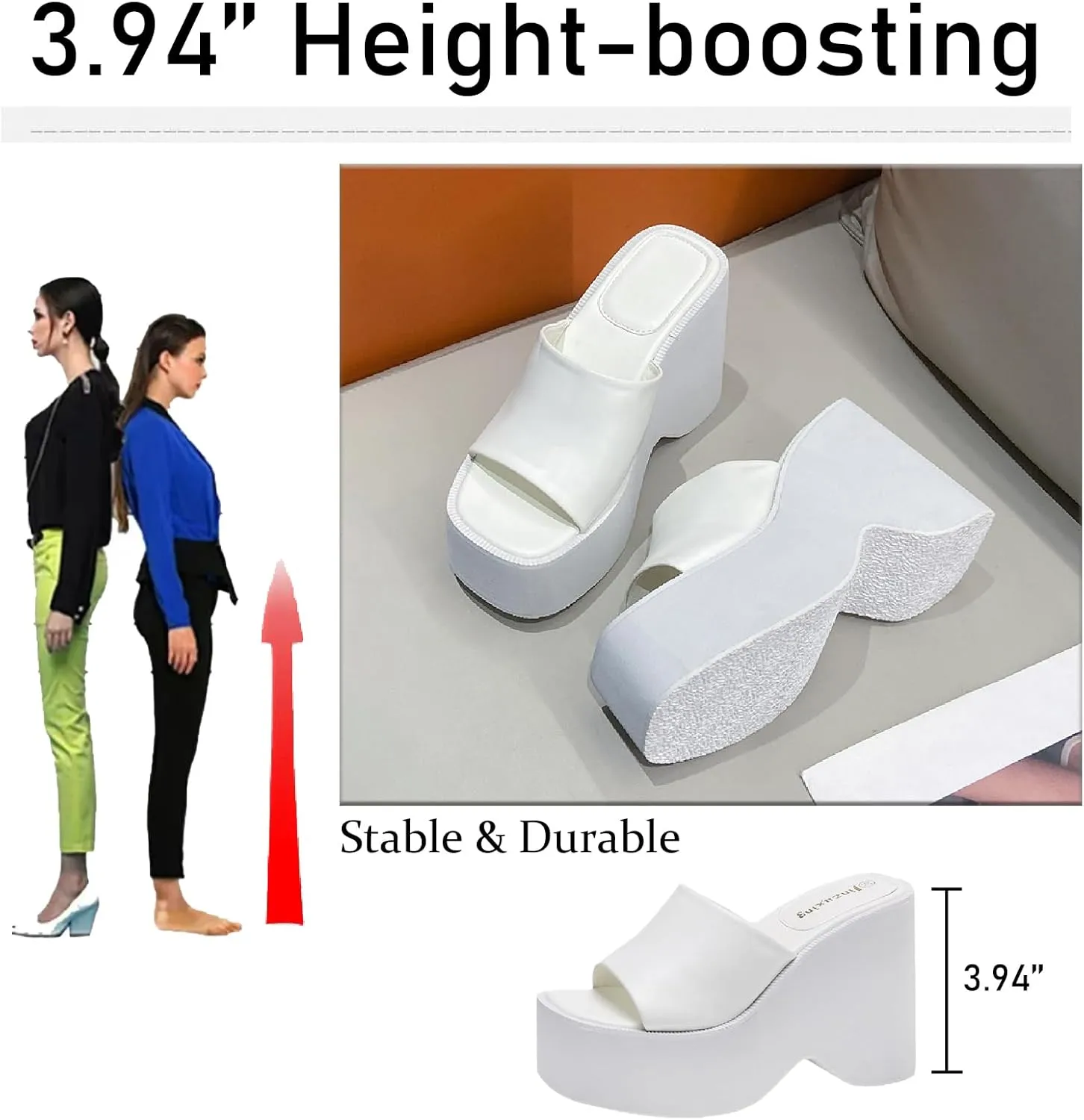 Women's Leather Platform Chunky Heel Slides Sandals Fashion Comfortable Open Square Toe Slip On Wear-Resistant High Heel Mule Slippers Summer Outdoor Walking Party Dress Sandals