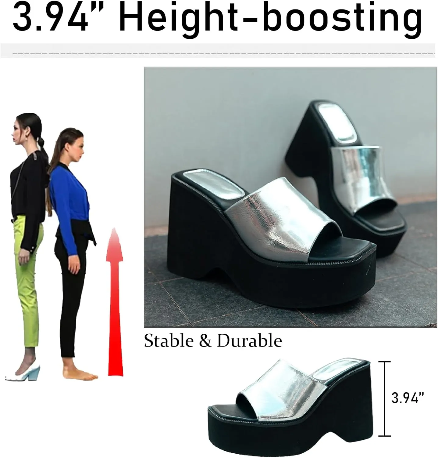 Women's Leather Platform Chunky Heel Slides Sandals Fashion Comfortable Open Square Toe Slip On Wear-Resistant High Heel Mule Slippers Summer Outdoor Walking Party Dress Sandals
