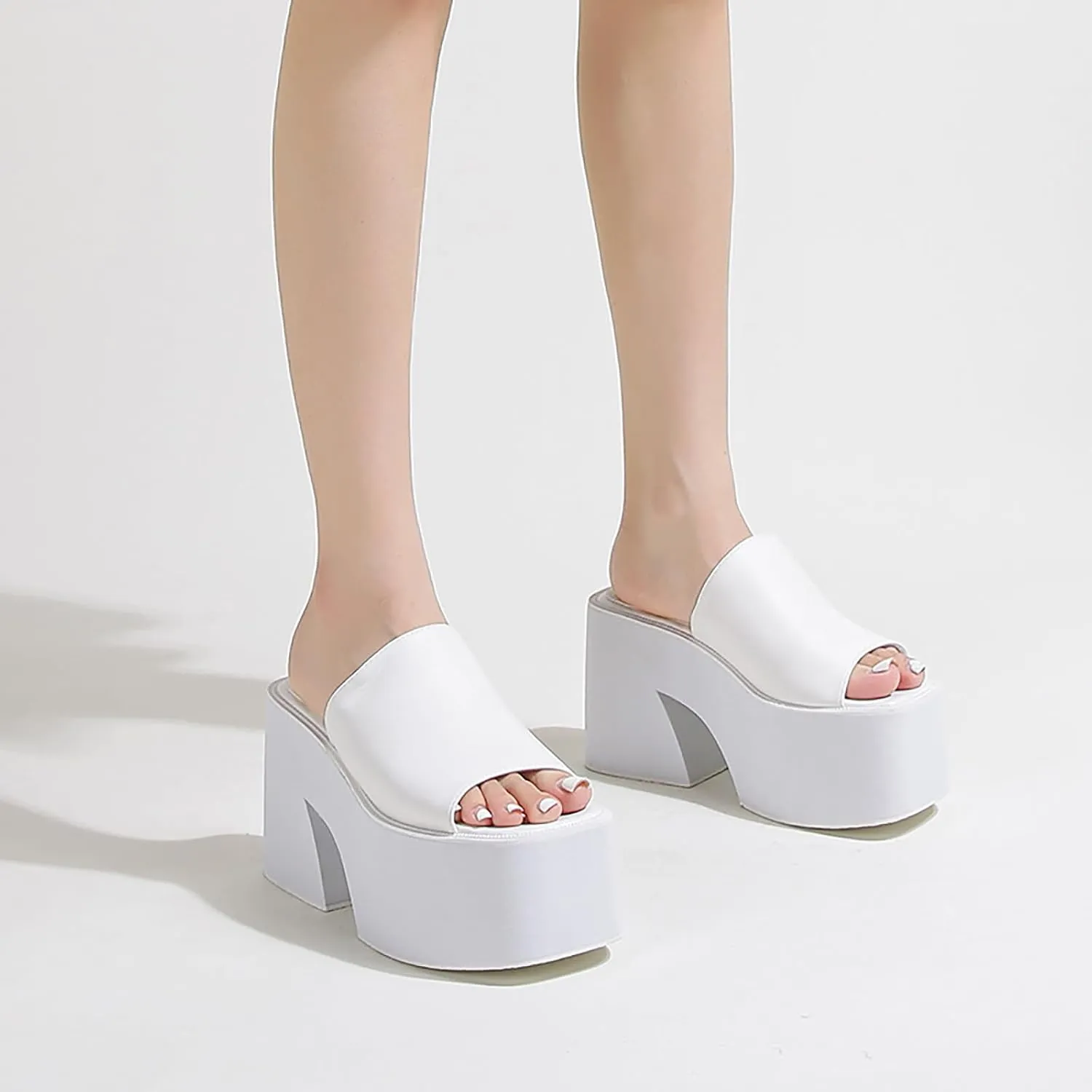 Women's Leather Platform Chunky Heel Slides Sandals Fashion Comfortable Open Square Toe Slip On Wear-Resistant High Heel Mule Slippers Summer Outdoor Walking Party Dress Sandals