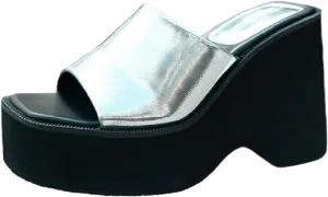 Women's Leather Platform Chunky Heel Slides Sandals Fashion Comfortable Open Square Toe Slip On Wear-Resistant High Heel Mule Slippers Summer Outdoor Walking Party Dress Sandals
