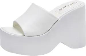 Women's Leather Platform Chunky Heel Slides Sandals Fashion Comfortable Open Square Toe Slip On Wear-Resistant High Heel Mule Slippers Summer Outdoor Walking Party Dress Sandals