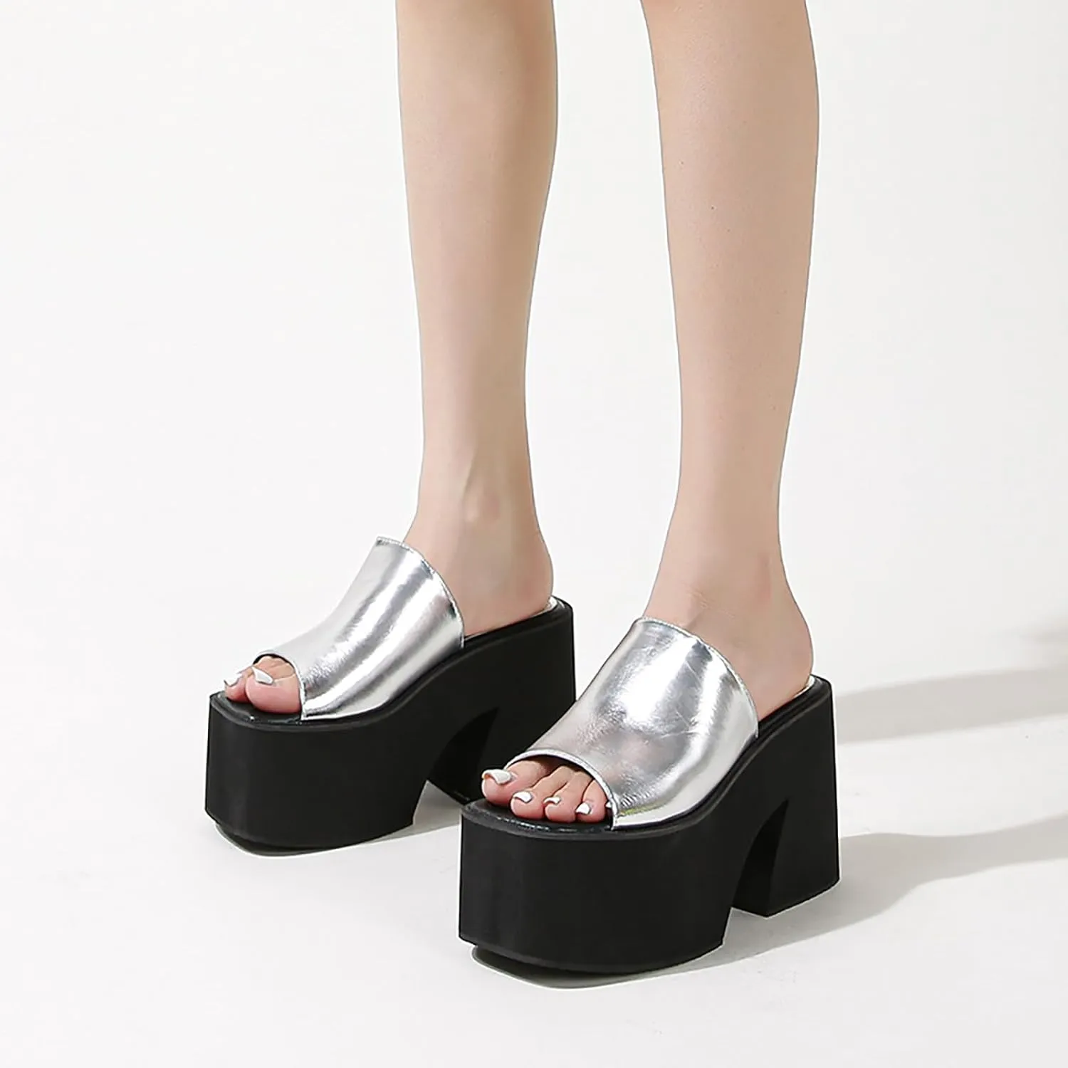 Women's Leather Platform Chunky Heel Slides Sandals Fashion Comfortable Open Square Toe Slip On Wear-Resistant High Heel Mule Slippers Summer Outdoor Walking Party Dress Sandals