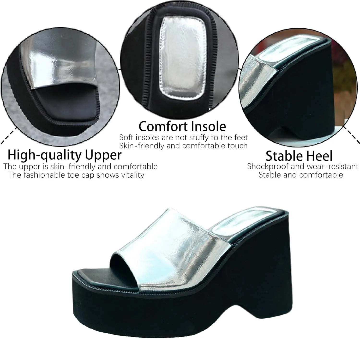 Women's Leather Platform Chunky Heel Slides Sandals Fashion Comfortable Open Square Toe Slip On Wear-Resistant High Heel Mule Slippers Summer Outdoor Walking Party Dress Sandals