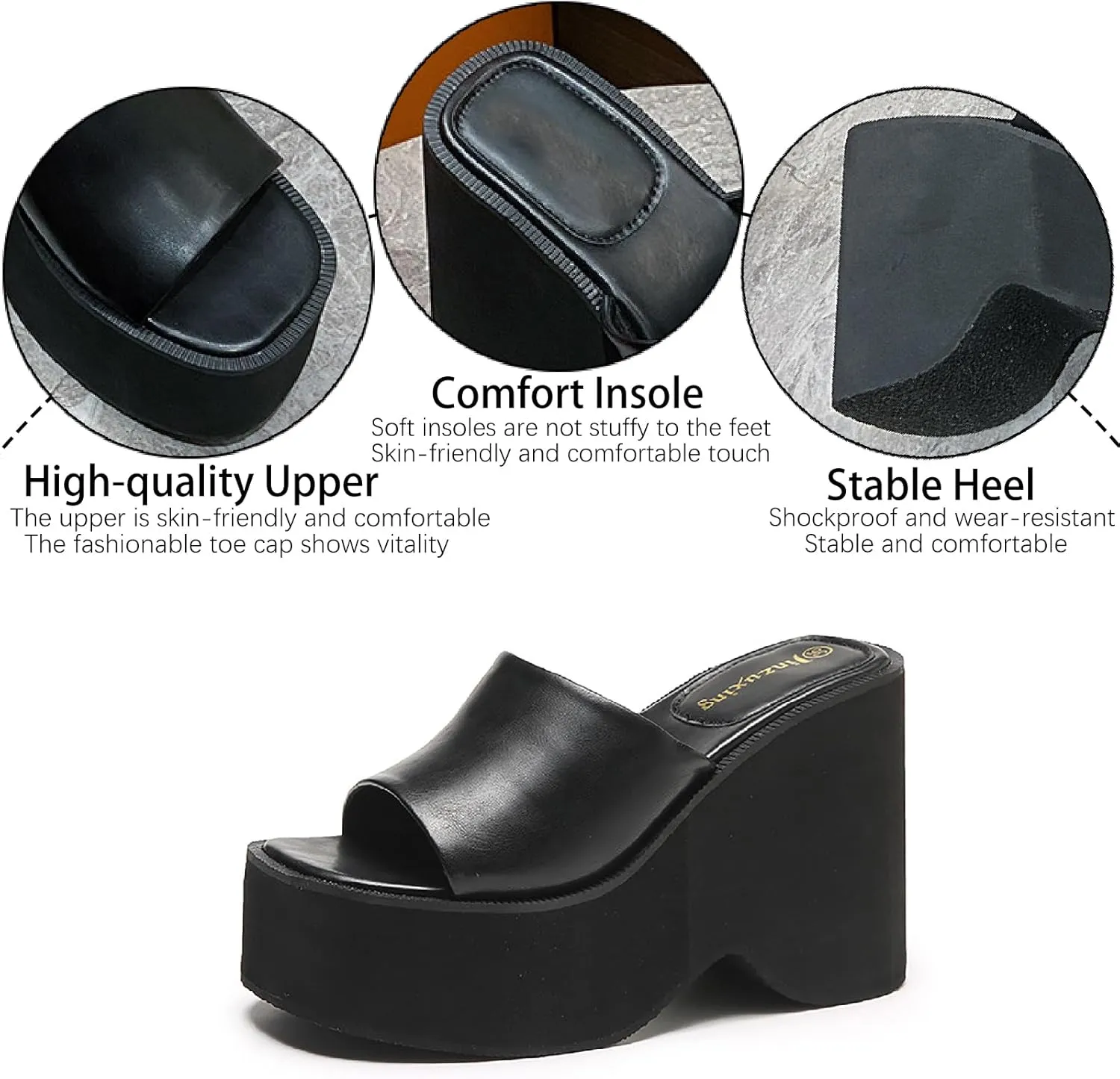 Women's Leather Platform Chunky Heel Slides Sandals Fashion Comfortable Open Square Toe Slip On Wear-Resistant High Heel Mule Slippers Summer Outdoor Walking Party Dress Sandals