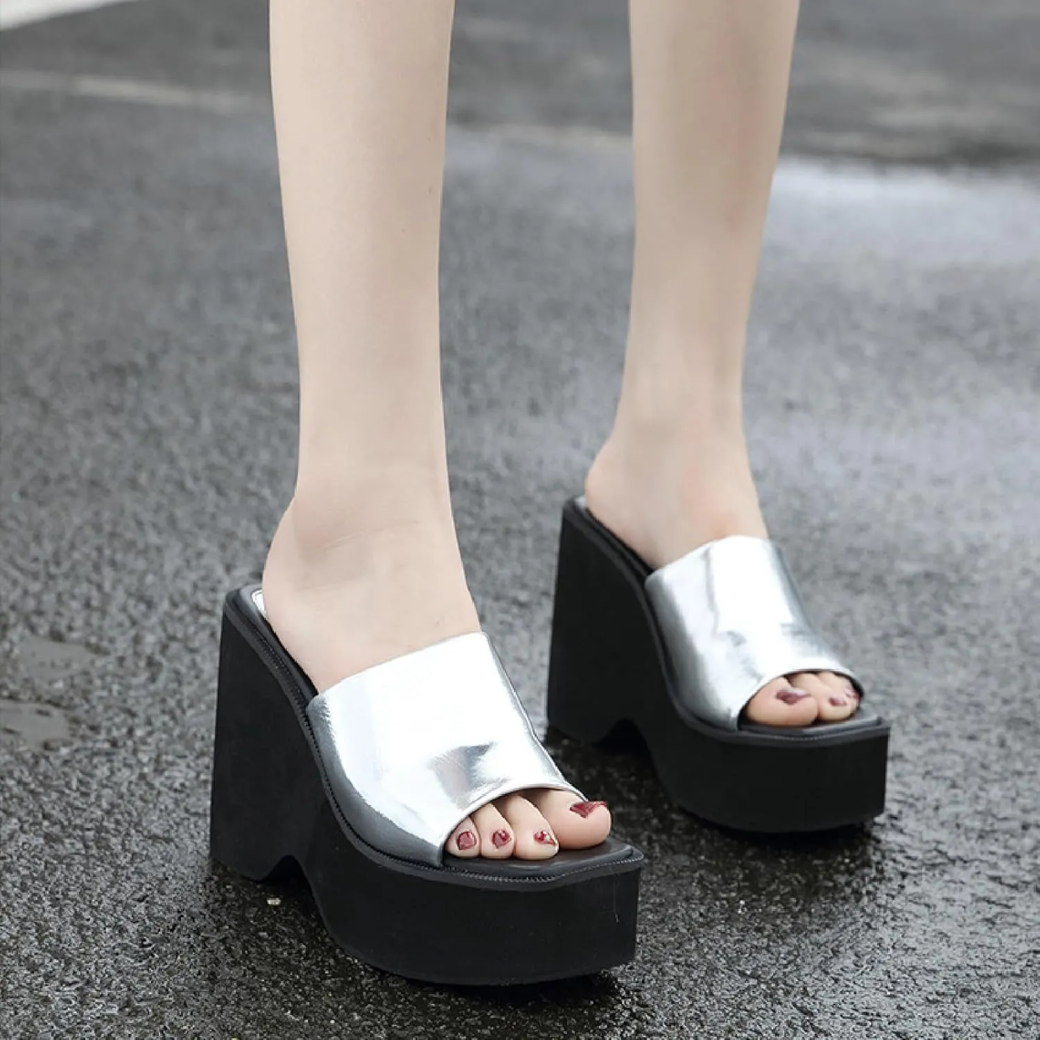Women's Leather Platform Chunky Heel Slides Sandals Fashion Comfortable Open Square Toe Slip On Wear-Resistant High Heel Mule Slippers Summer Outdoor Walking Party Dress Sandals