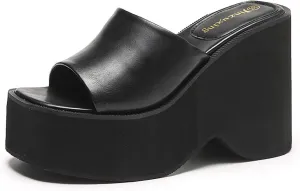 Women's Leather Platform Chunky Heel Slides Sandals Fashion Comfortable Open Square Toe Slip On Wear-Resistant High Heel Mule Slippers Summer Outdoor Walking Party Dress Sandals