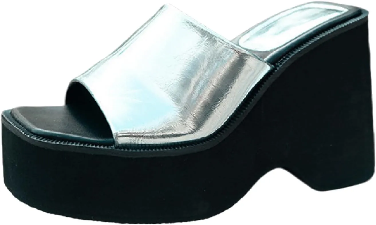 Women's Leather Platform Chunky Heel Slides Sandals Fashion Comfortable Open Square Toe Slip On Wear-Resistant High Heel Mule Slippers Summer Outdoor Walking Party Dress Sandals