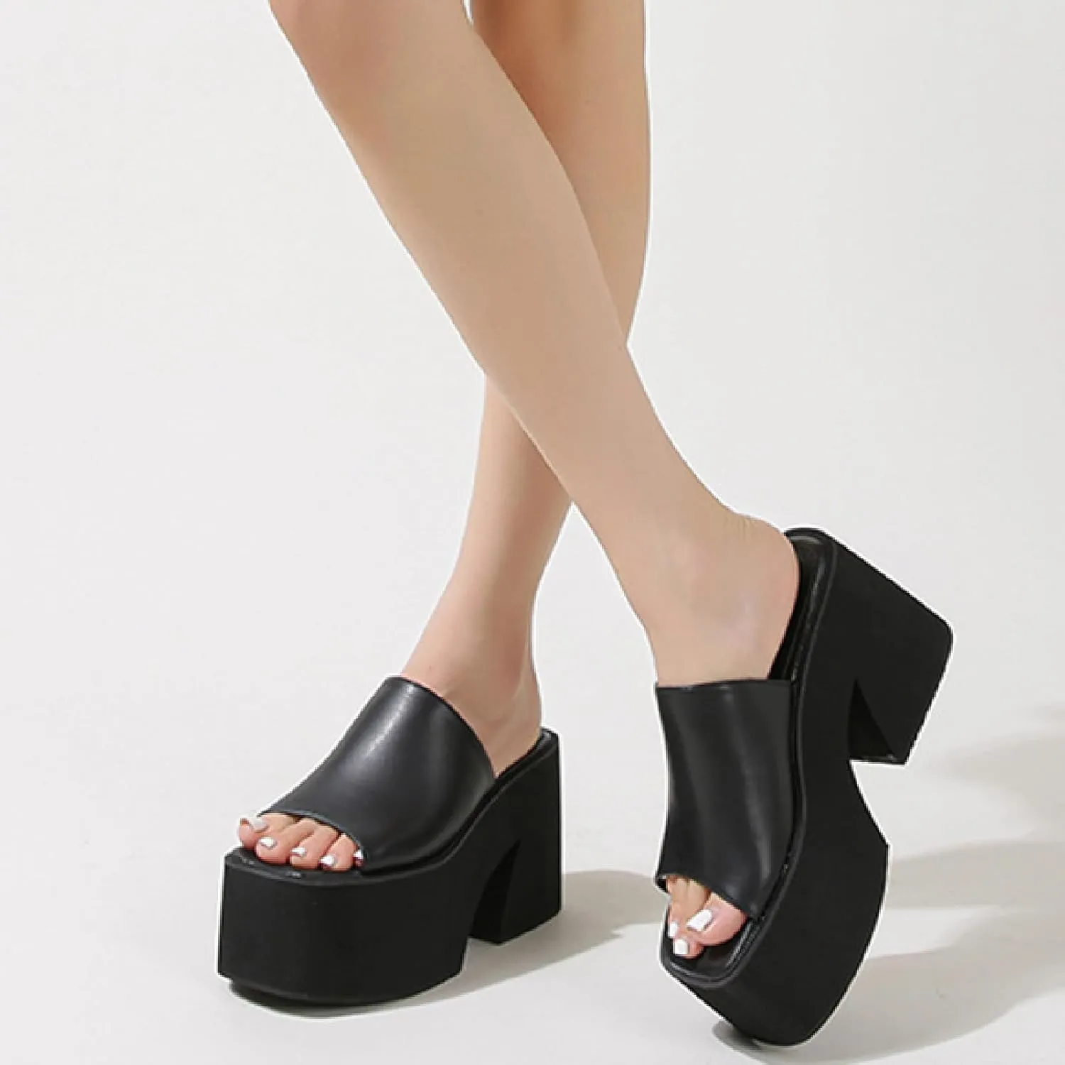Women's Leather Platform Chunky Heel Slides Sandals Fashion Comfortable Open Square Toe Slip On Wear-Resistant High Heel Mule Slippers Summer Outdoor Walking Party Dress Sandals