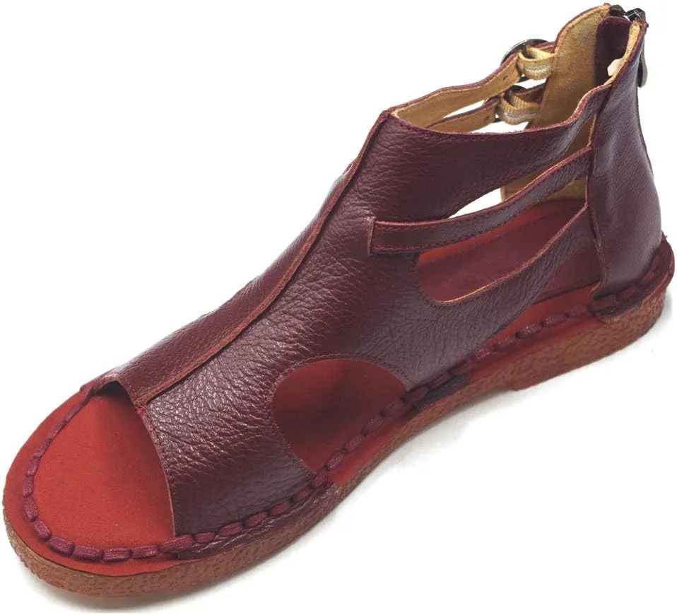 Womens Leather Sandals - Low Wedge Soft and Comfort Outdoor Sandals, Gladiator Flat Sandal for Women