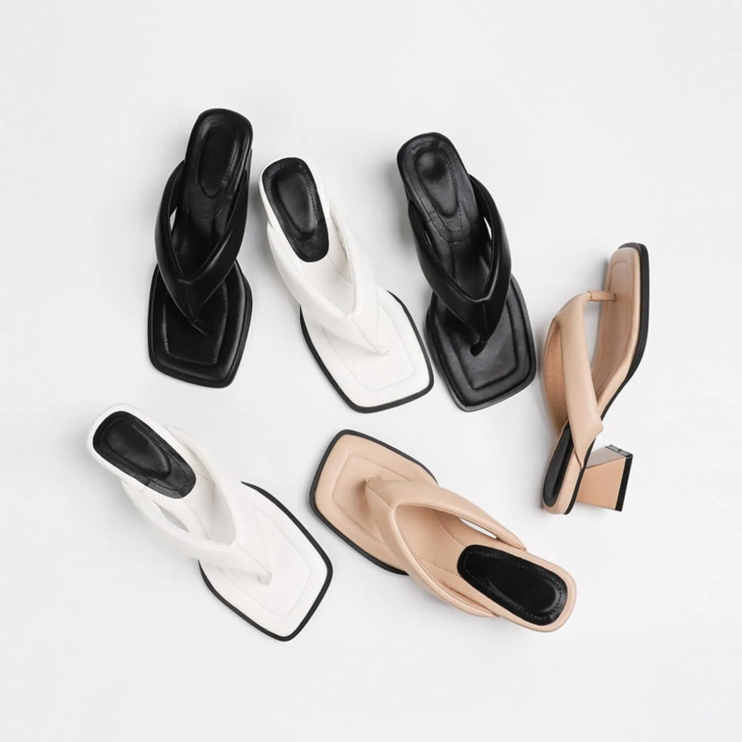 Women's Leather Square Toe Flip Flops Low Block Heeled Slides Fashion Comfortable Slip On Summer Chunky Heel Casual Thong Sandals for Beach Daily Party