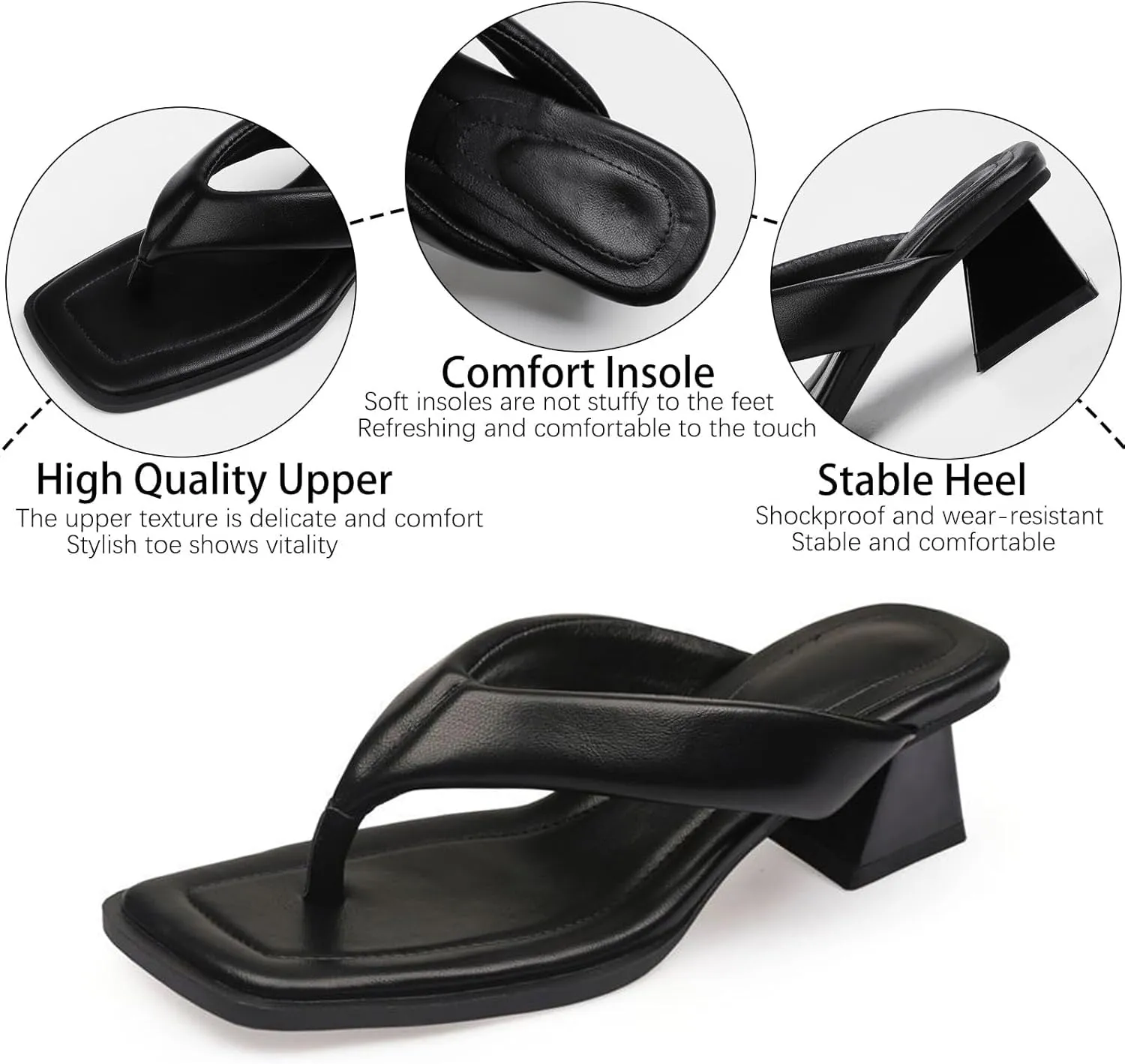 Women's Leather Square Toe Flip Flops Low Block Heeled Slides Fashion Comfortable Slip On Summer Chunky Heel Casual Thong Sandals for Beach Daily Party