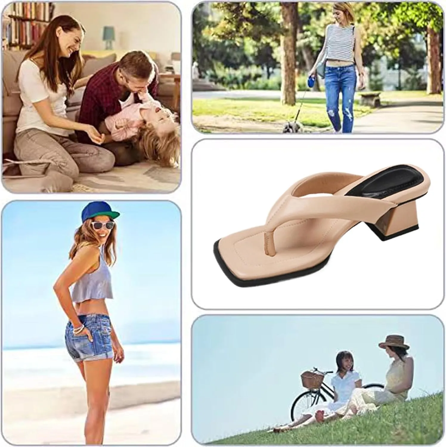Women's Leather Square Toe Flip Flops Low Block Heeled Slides Fashion Comfortable Slip On Summer Chunky Heel Casual Thong Sandals for Beach Daily Party