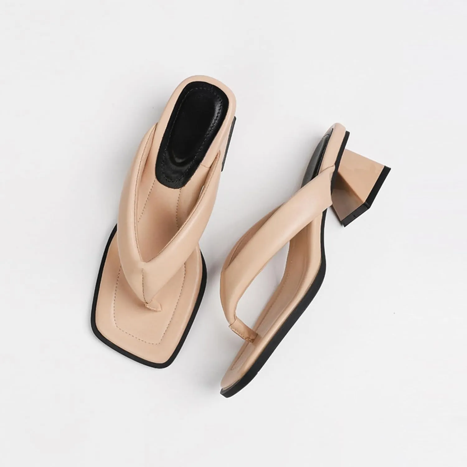 Women's Leather Square Toe Flip Flops Low Block Heeled Slides Fashion Comfortable Slip On Summer Chunky Heel Casual Thong Sandals for Beach Daily Party