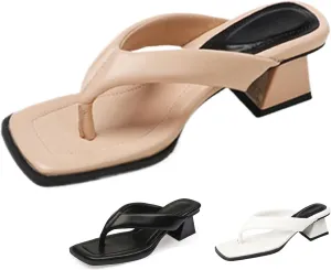 Women's Leather Square Toe Flip Flops Low Block Heeled Slides Fashion Comfortable Slip On Summer Chunky Heel Casual Thong Sandals for Beach Daily Party