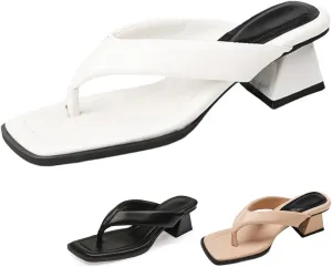 Women's Leather Square Toe Flip Flops Low Block Heeled Slides Fashion Comfortable Slip On Summer Chunky Heel Casual Thong Sandals for Beach Daily Party