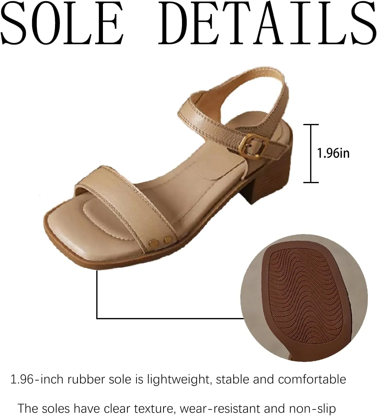 Women's Leather Strappy Hook Loop Chunky Heels Sandals Casual Comfortable Ankle Strap Square Open Toe Low Heel Dress Sandals for Daily Office Outdoor