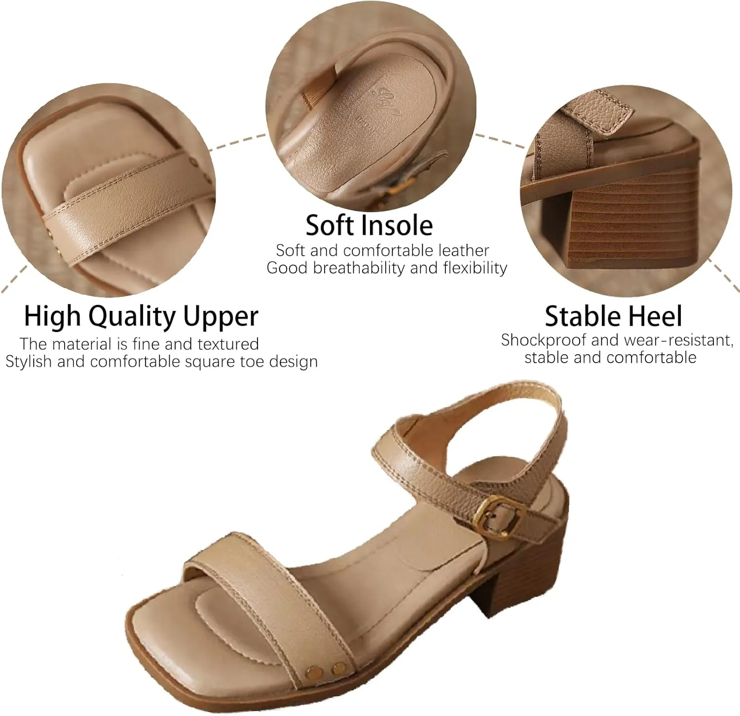 Women's Leather Strappy Hook Loop Chunky Heels Sandals Casual Comfortable Ankle Strap Square Open Toe Low Heel Dress Sandals for Daily Office Outdoor