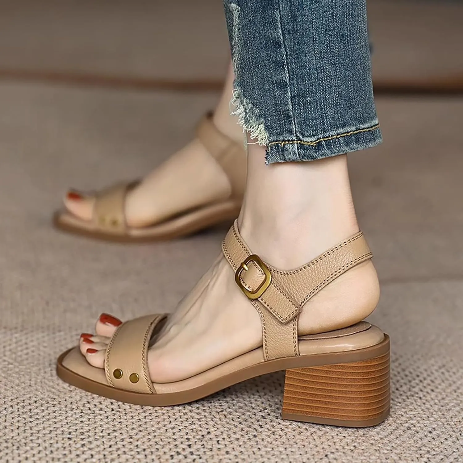 Women's Leather Strappy Hook Loop Chunky Heels Sandals Casual Comfortable Ankle Strap Square Open Toe Low Heel Dress Sandals for Daily Office Outdoor