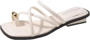 Women's Leather Strappy Metal Button Toe Ring Slides Sandals Dressy Square Open Toe Summer Low Block Heel Slippers for Party Beach Walking Slip on Slippers