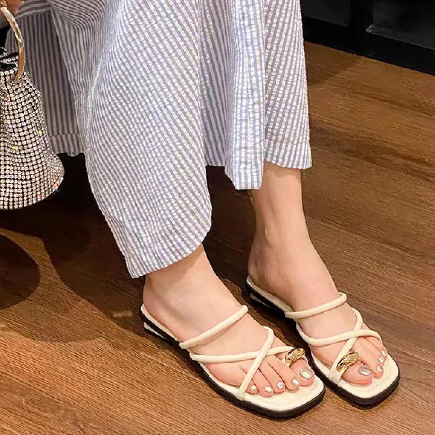 Women's Leather Strappy Metal Button Toe Ring Slides Sandals Dressy Square Open Toe Summer Low Block Heel Slippers for Party Beach Walking Slip on Slippers
